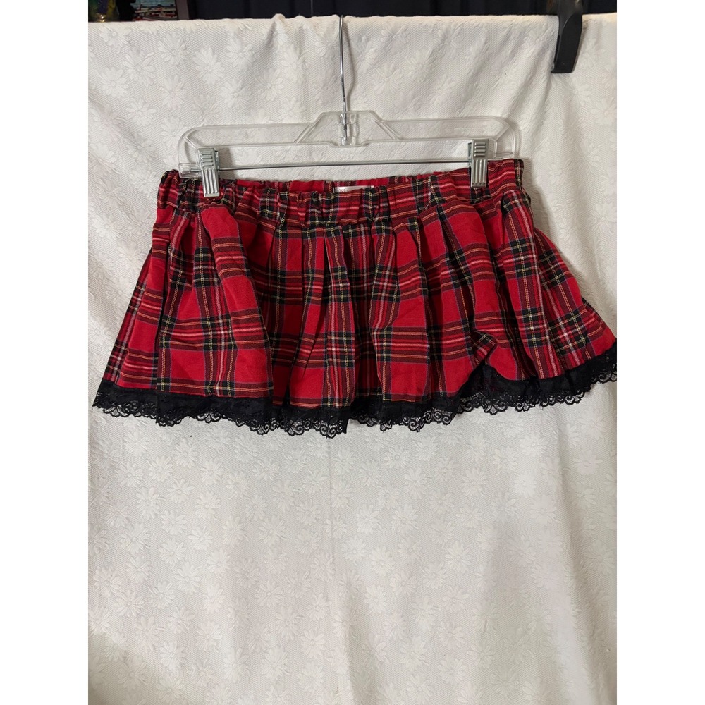 Avidlove Punk Rock & Grunge Mall Goth Red Pleated Mini Skirt Black Lace Trim L
